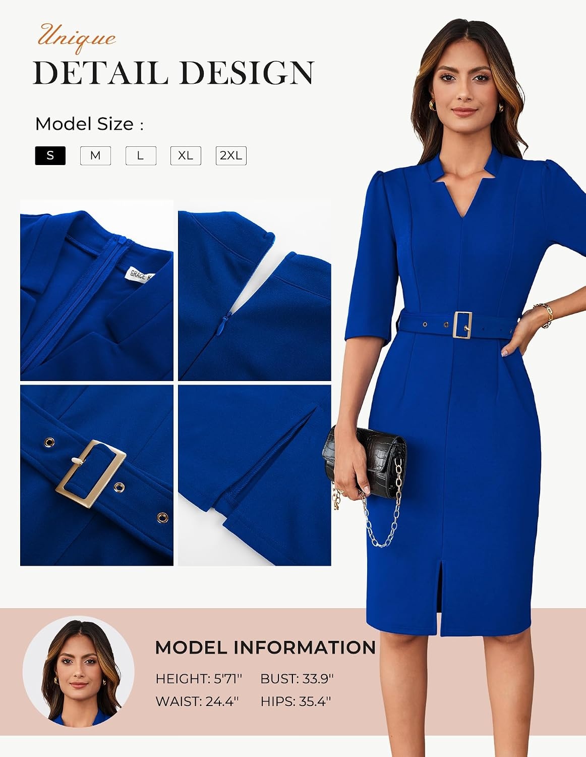 image:imageGRACE KARIN Womens Work Dress 34 Sleeve V Neck Bodycon Dress with BeltRoyal Blue