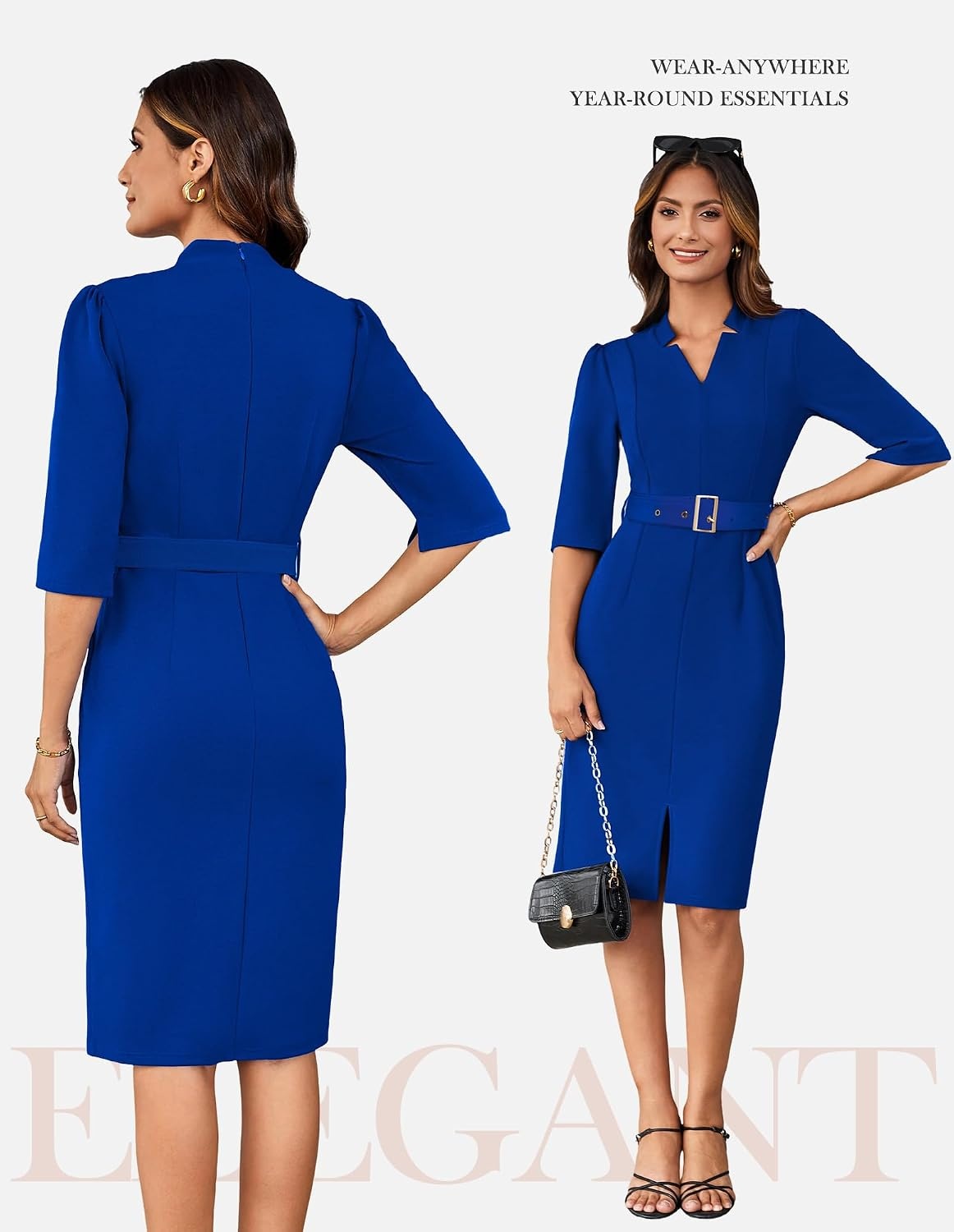 image:imageGRACE KARIN Womens Work Dress 34 Sleeve V Neck Bodycon Dress with BeltRoyal Blue