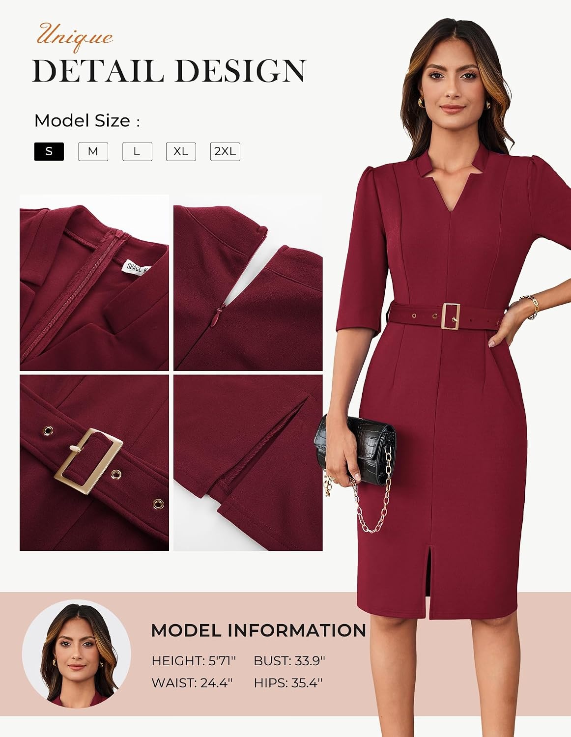 image:imageGRACE KARIN Womens Work Dress 34 Sleeve V Neck Bodycon Dress with BeltWine Red