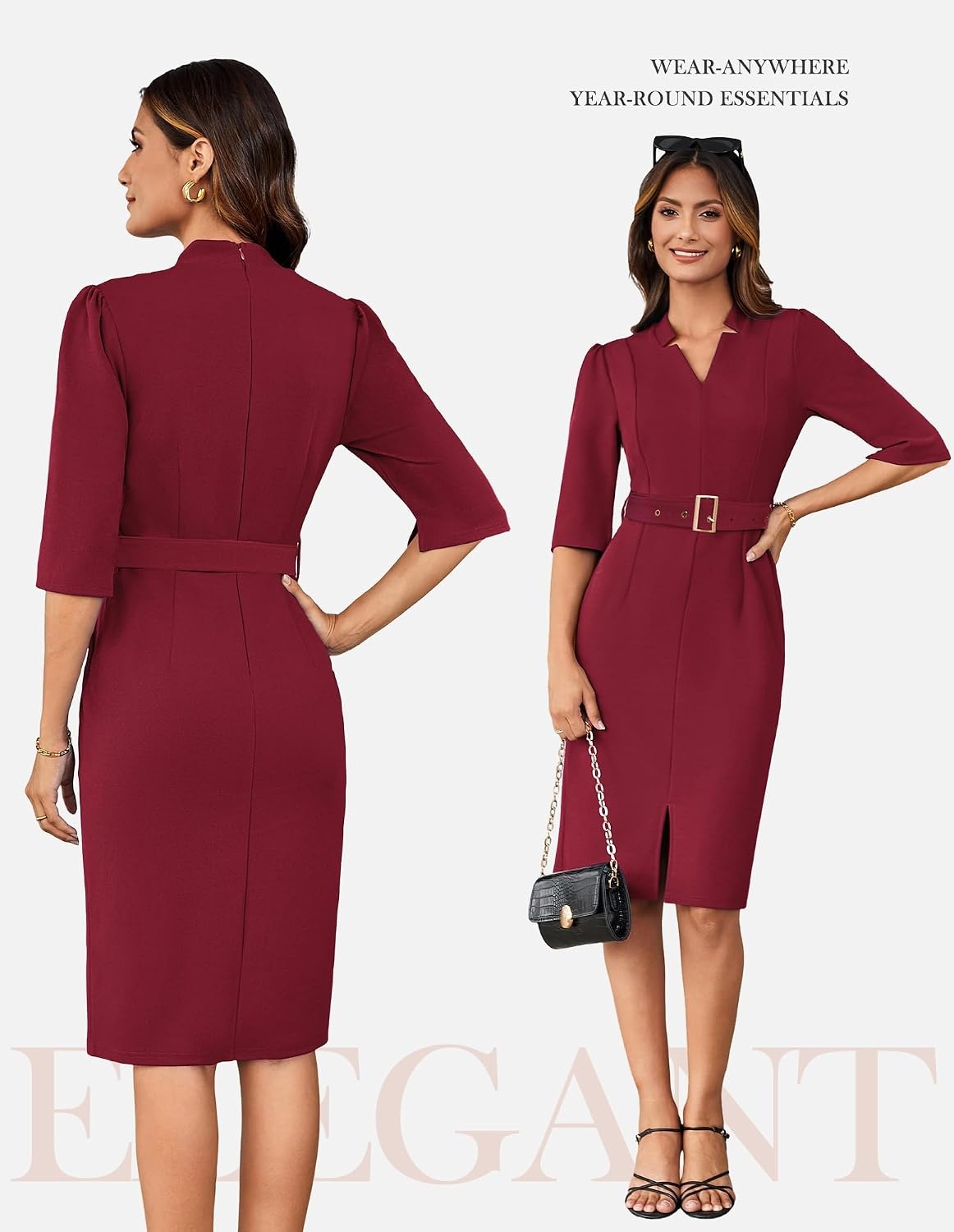 image:imageGRACE KARIN Womens Work Dress 34 Sleeve V Neck Bodycon Dress with BeltWine Red