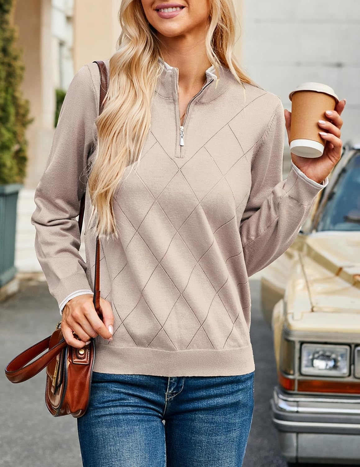 image:imageJACK SMITH Quarter Zip Pullover Sweaters for Womens Rib Polo Sweater TopsApricot