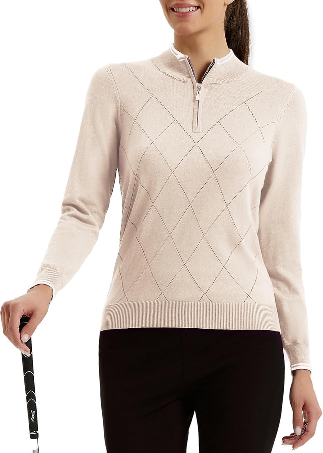 image:imageJACK SMITH Quarter Zip Pullover Sweaters for Womens Rib Polo Sweater TopsApricot