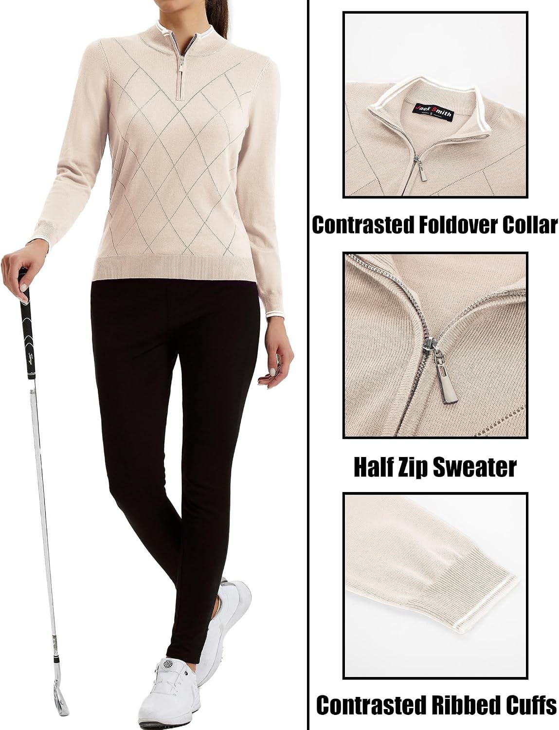 image:imageJACK SMITH Quarter Zip Pullover Sweaters for Womens Rib Polo Sweater TopsApricot