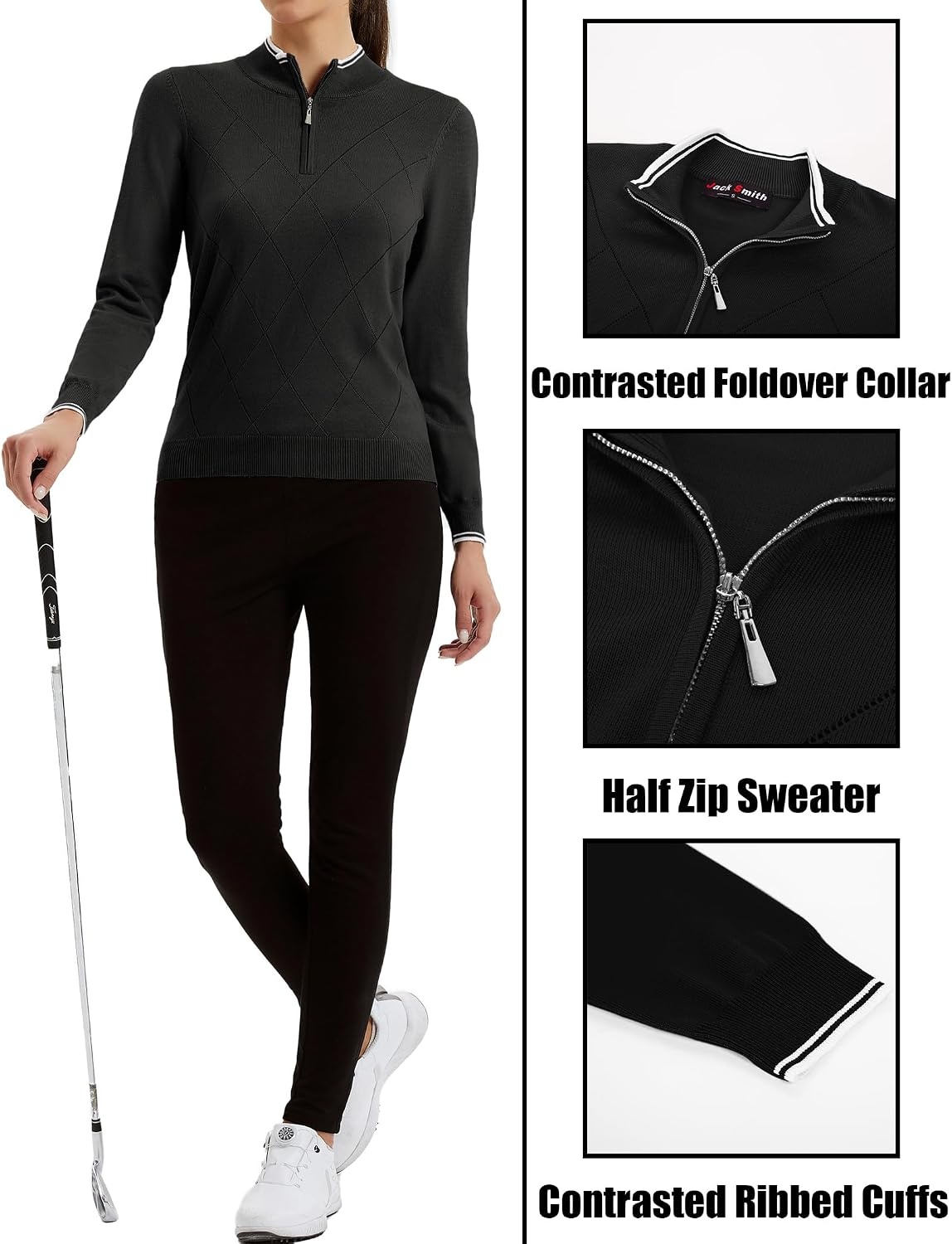 image:imageJACK SMITH Quarter Zip Pullover Sweaters for Womens Rib Polo Sweater TopsBlack