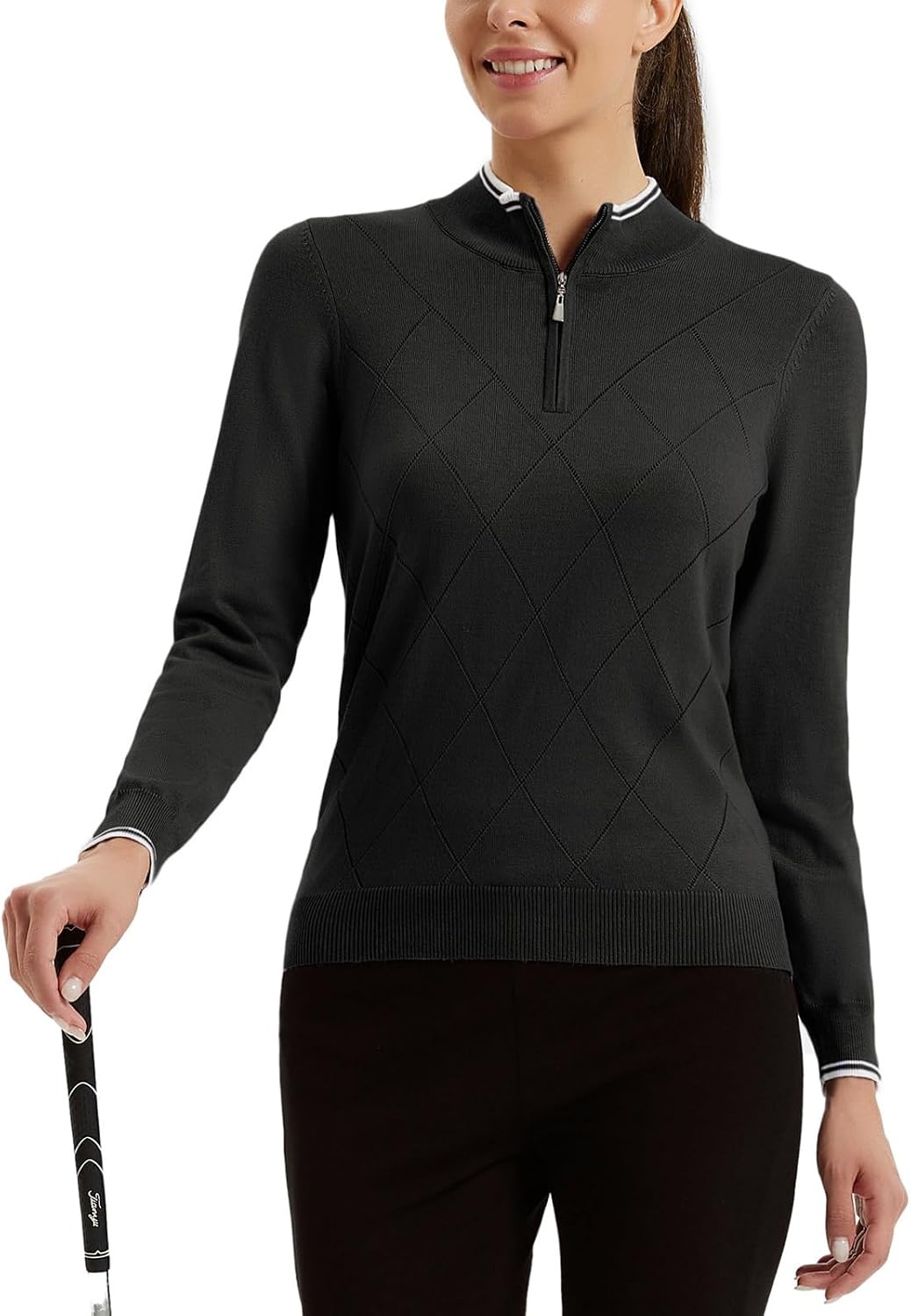 image:imageJACK SMITH Quarter Zip Pullover Sweaters for Womens Rib Polo Sweater TopsBlack