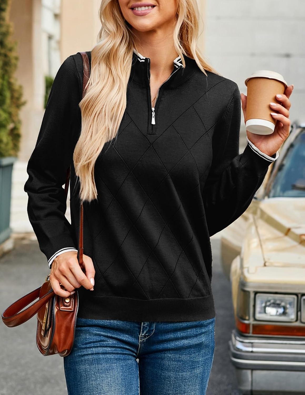 image:imageJACK SMITH Quarter Zip Pullover Sweaters for Womens Rib Polo Sweater TopsBlack
