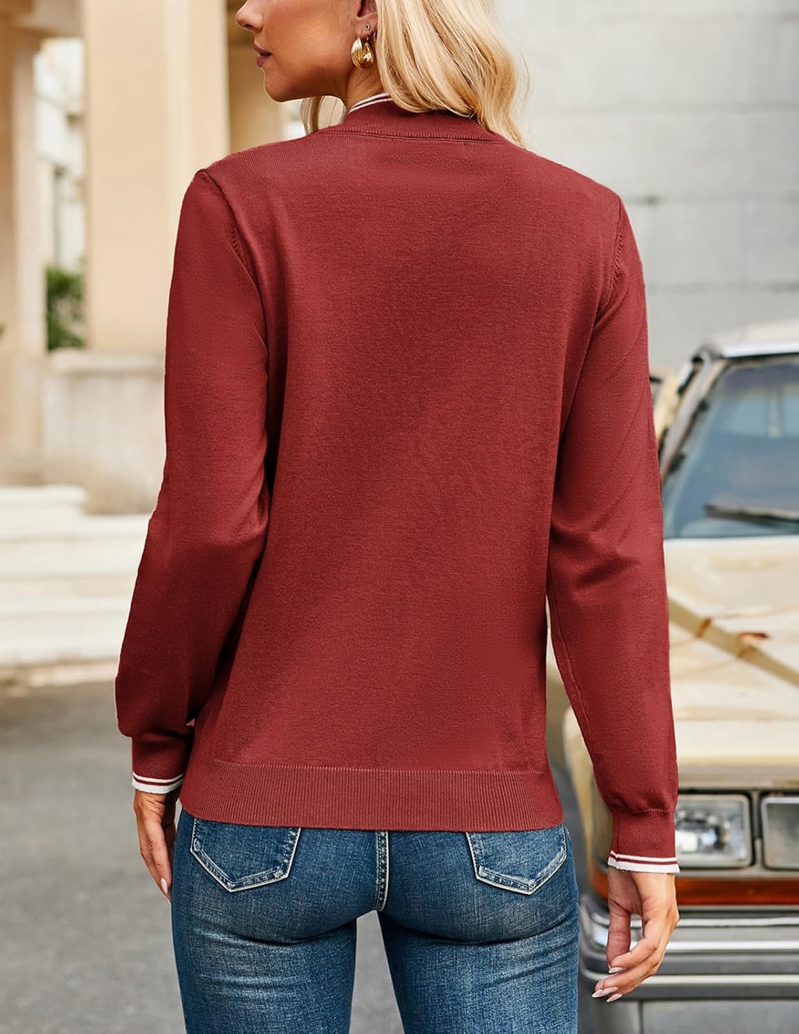 image:imageJACK SMITH Quarter Zip Pullover Sweaters for Womens Rib Polo Sweater TopsDark Red