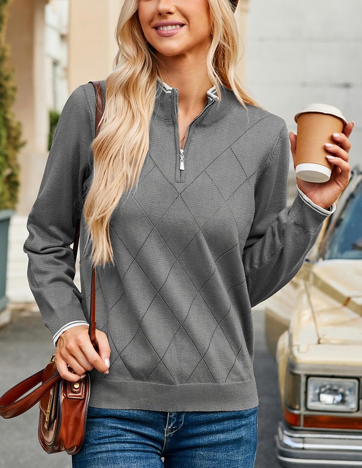 image:imageJACK SMITH Quarter Zip Pullover Sweaters for Womens Rib Polo Sweater TopsGray