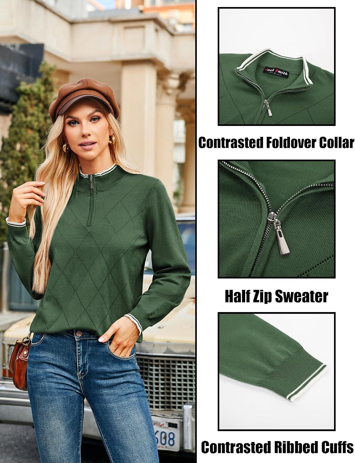 image:imageJACK SMITH Quarter Zip Pullover Sweaters for Womens Rib Polo Sweater TopsGreen