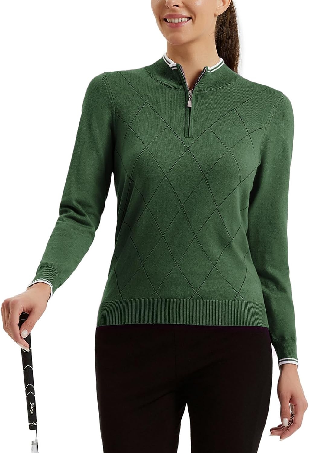 image:imageJACK SMITH Quarter Zip Pullover Sweaters for Womens Rib Polo Sweater TopsGreen