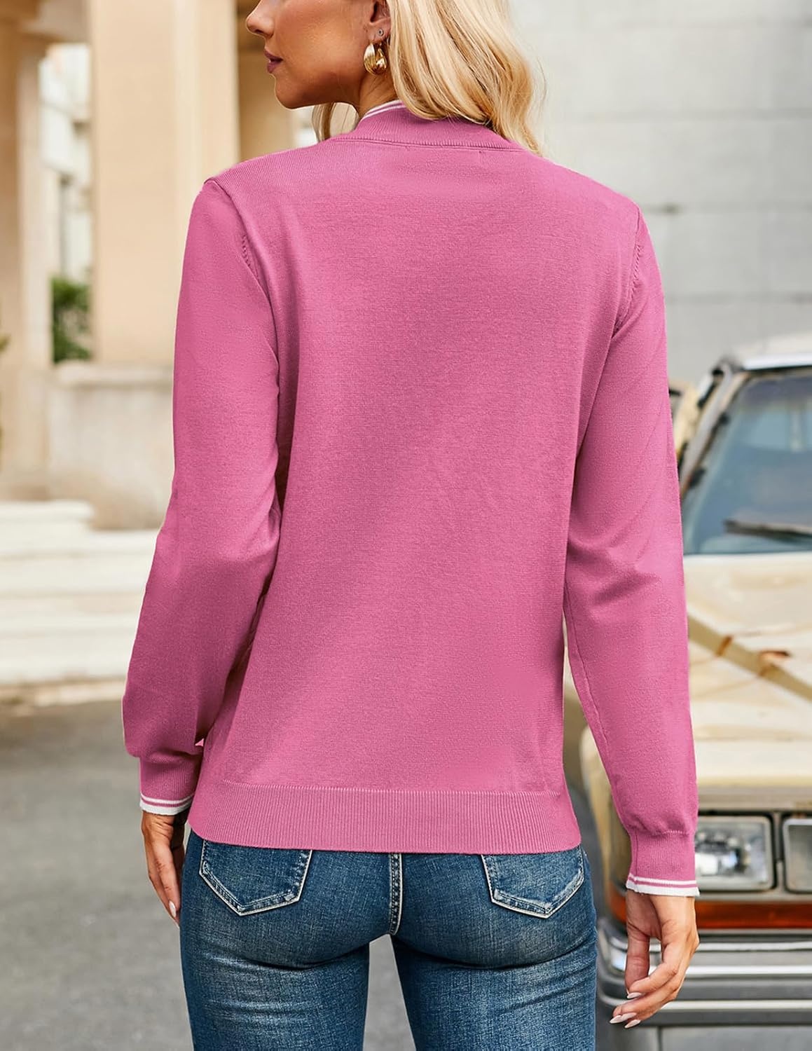 image:imageJACK SMITH Quarter Zip Pullover Sweaters for Womens Rib Polo Sweater TopsHot Pink