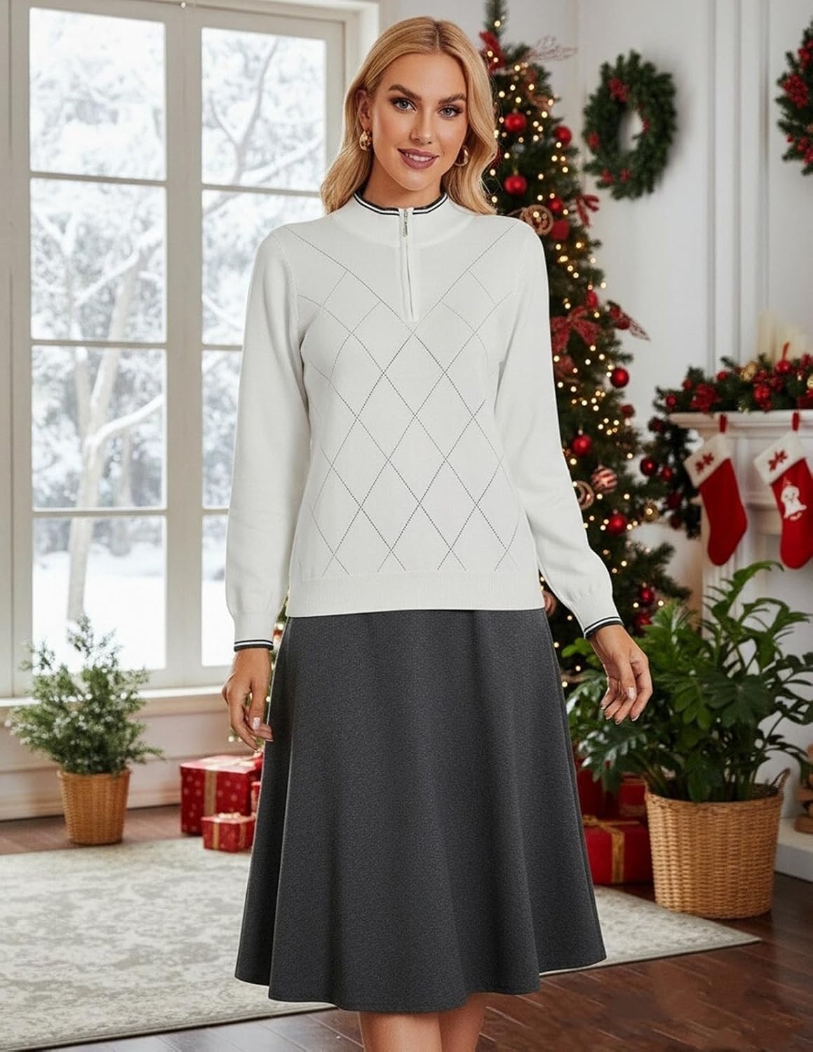 image:imageJACK SMITH Quarter Zip Pullover Sweaters for Womens Rib Polo Sweater TopsIvory