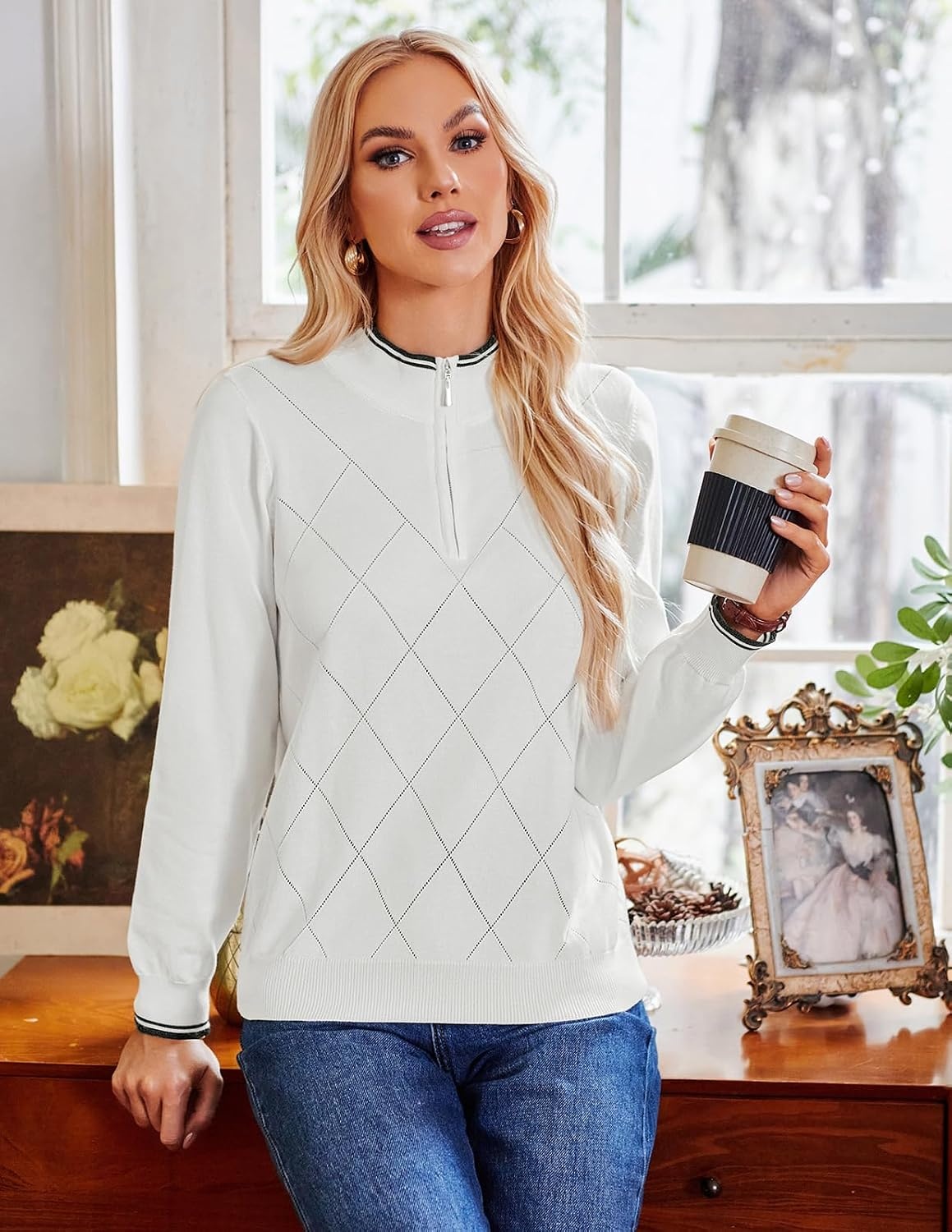 image:imageJACK SMITH Quarter Zip Pullover Sweaters for Womens Rib Polo Sweater TopsIvory