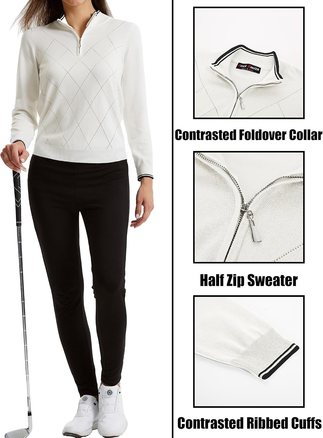 image:imageJACK SMITH Quarter Zip Pullover Sweaters for Womens Rib Polo Sweater TopsIvory