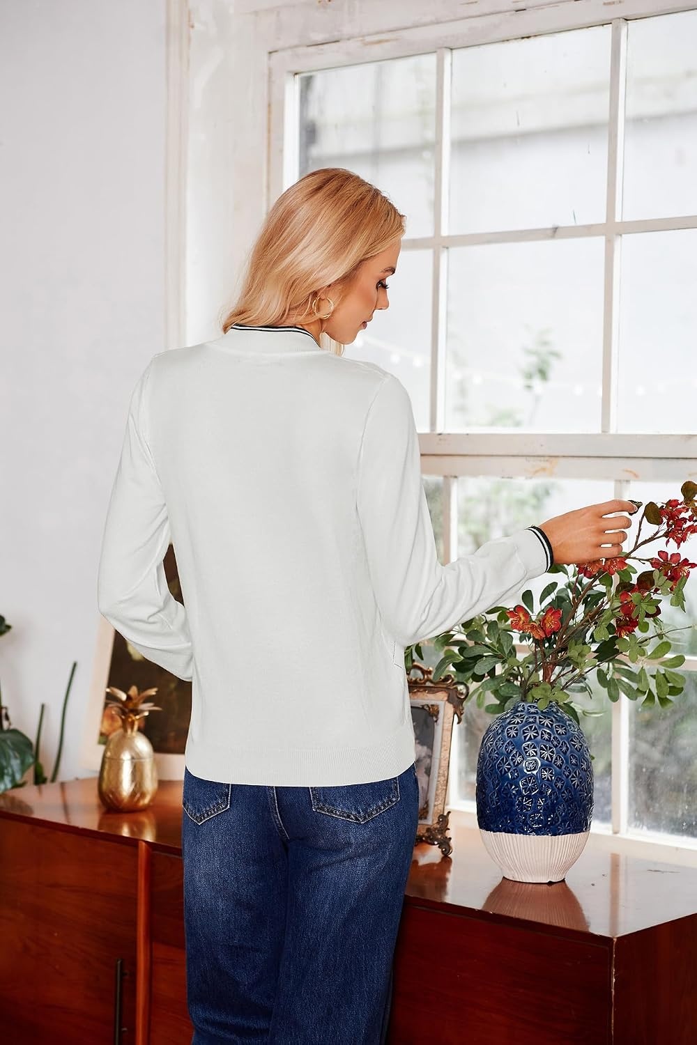 image:imageJACK SMITH Quarter Zip Pullover Sweaters for Womens Rib Polo Sweater TopsIvory