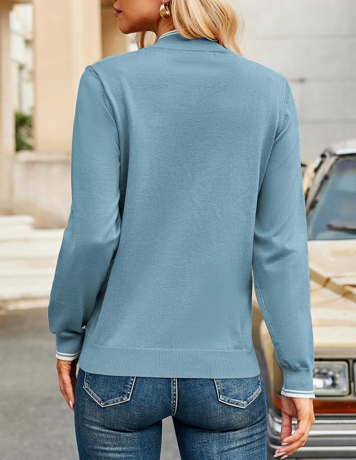 image:imageJACK SMITH Quarter Zip Pullover Sweaters for Womens Rib Polo Sweater TopsLake Blue
