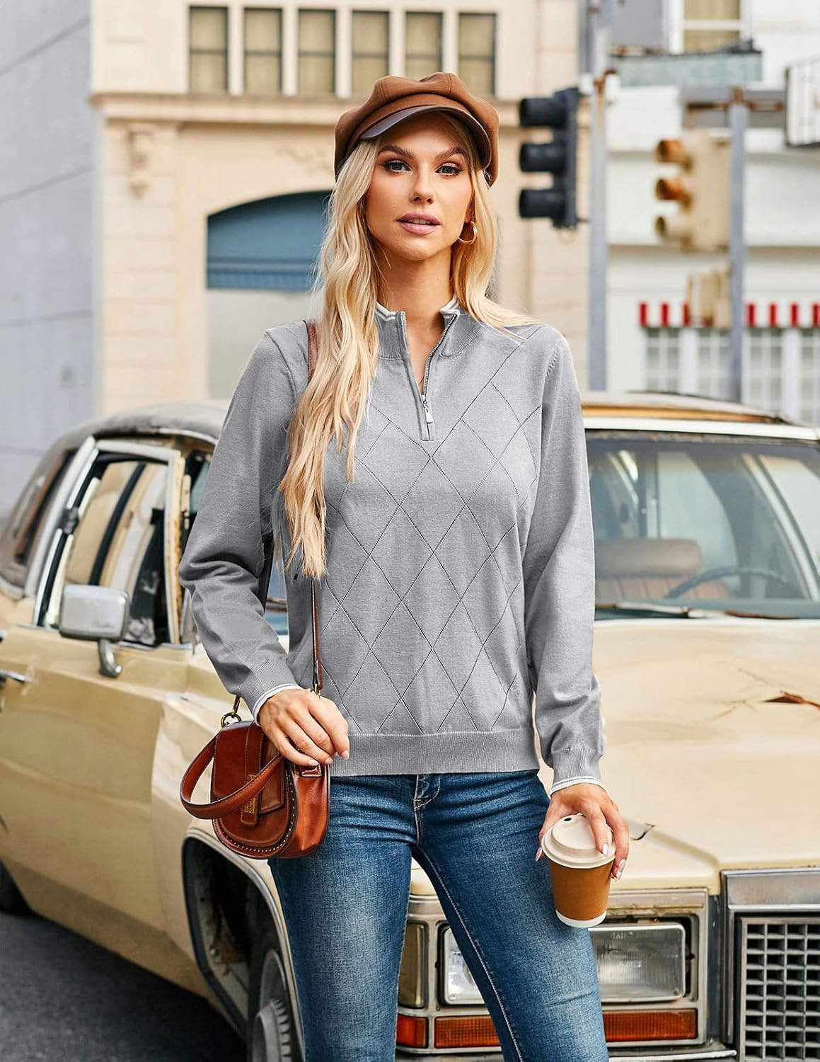 image:imageJACK SMITH Quarter Zip Pullover Sweaters for Womens Rib Polo Sweater TopsLight Gray Green