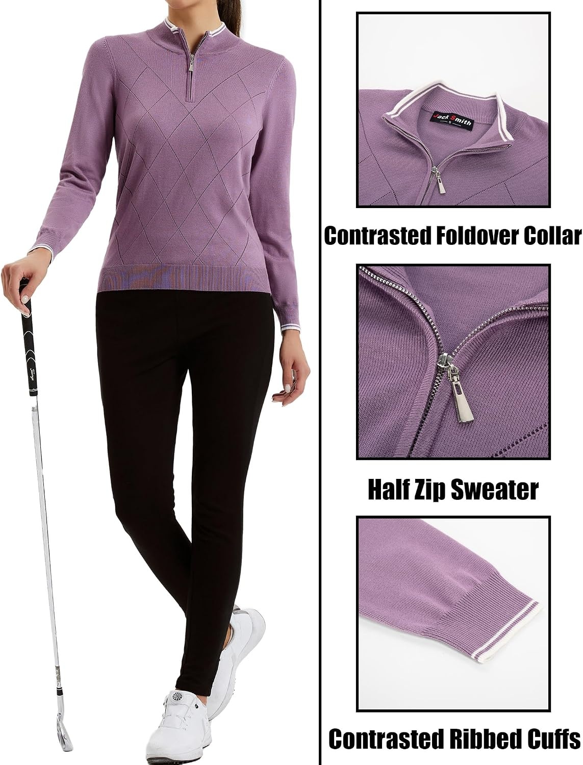 image:imageJACK SMITH Quarter Zip Pullover Sweaters for Womens Rib Polo Sweater TopsPurple
