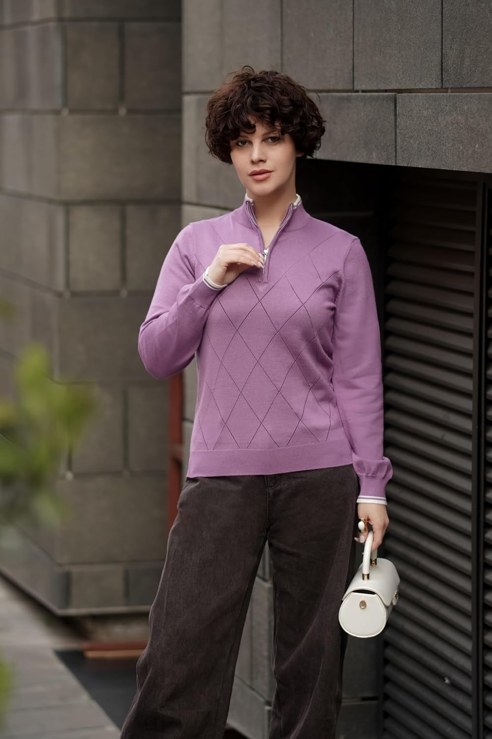 image:imageJACK SMITH Quarter Zip Pullover Sweaters for Womens Rib Polo Sweater TopsPurple