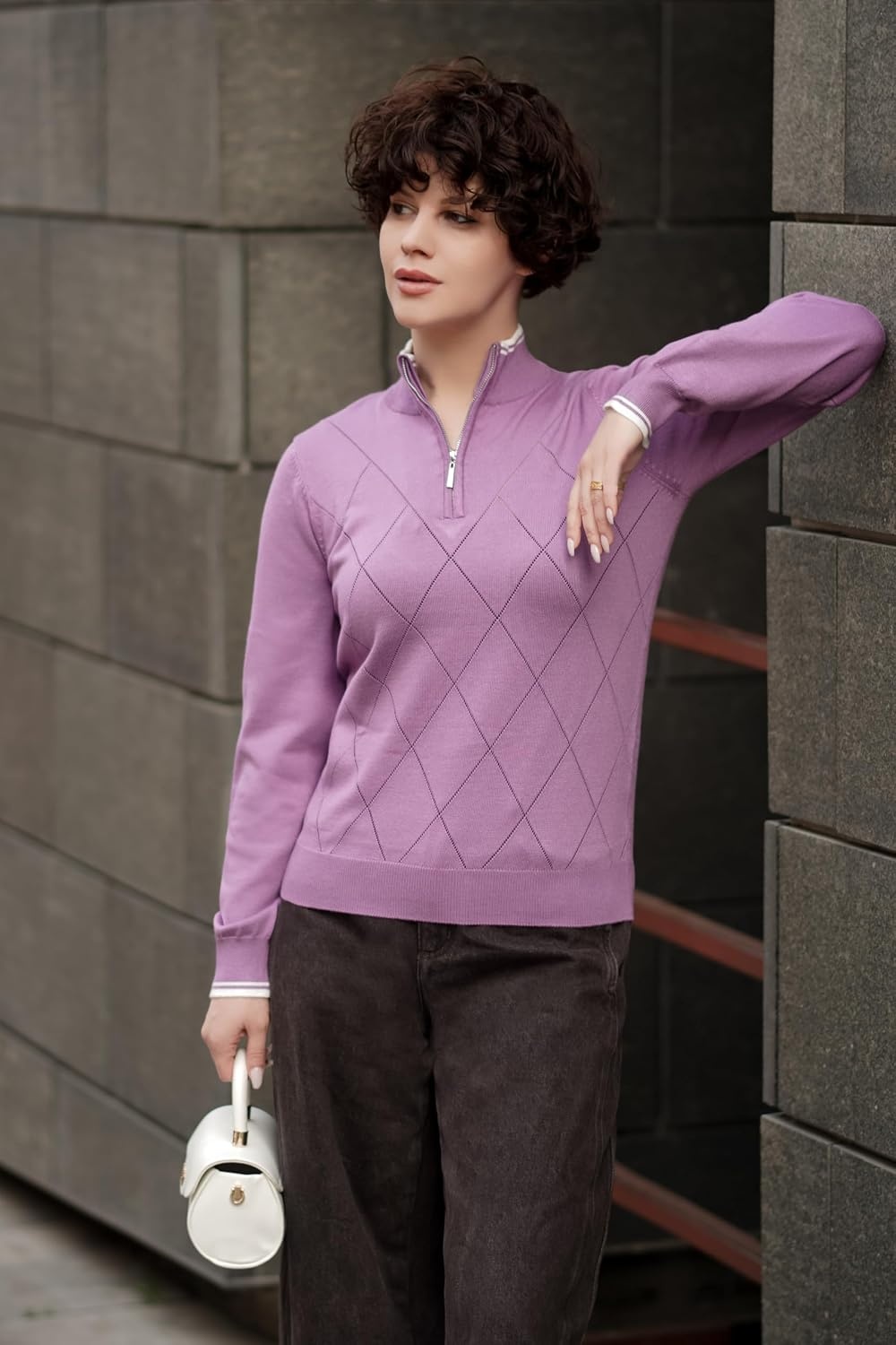 image:imageJACK SMITH Quarter Zip Pullover Sweaters for Womens Rib Polo Sweater TopsPurple