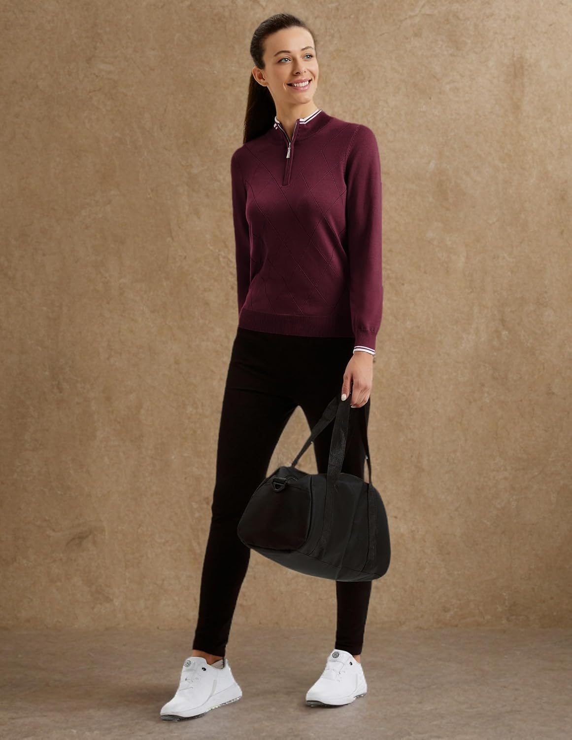 image:imageJACK SMITH Quarter Zip Pullover Sweaters for Womens Rib Polo Sweater TopsWine Red