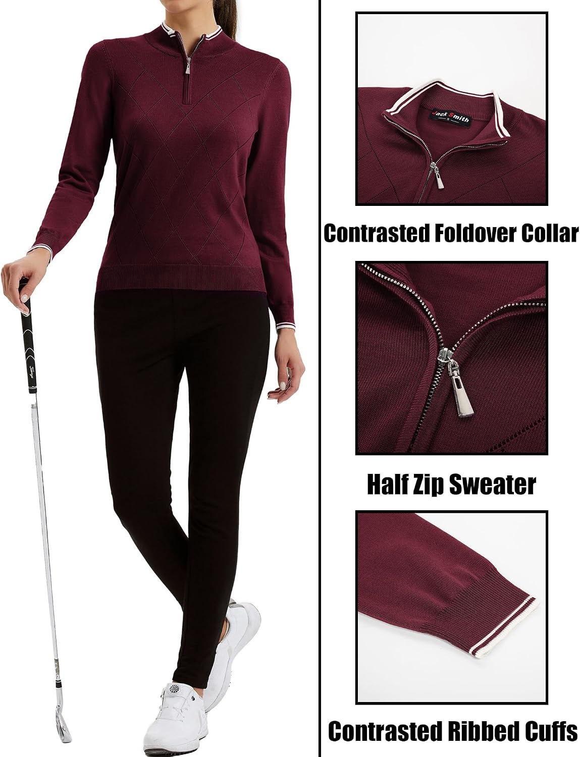 image:imageJACK SMITH Quarter Zip Pullover Sweaters for Womens Rib Polo Sweater TopsWine Red