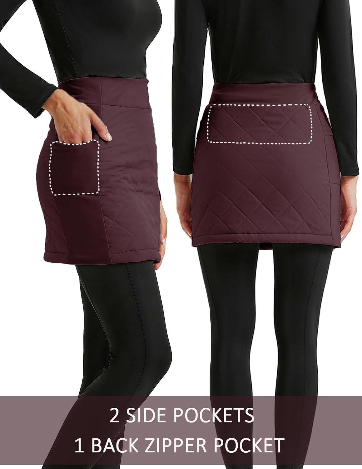 image:imageJACK SMITH Womens Puffer Quilted Skirt Insulated Warm Snow Skorts for Hiking Running Golf Zipping Both WayWine
