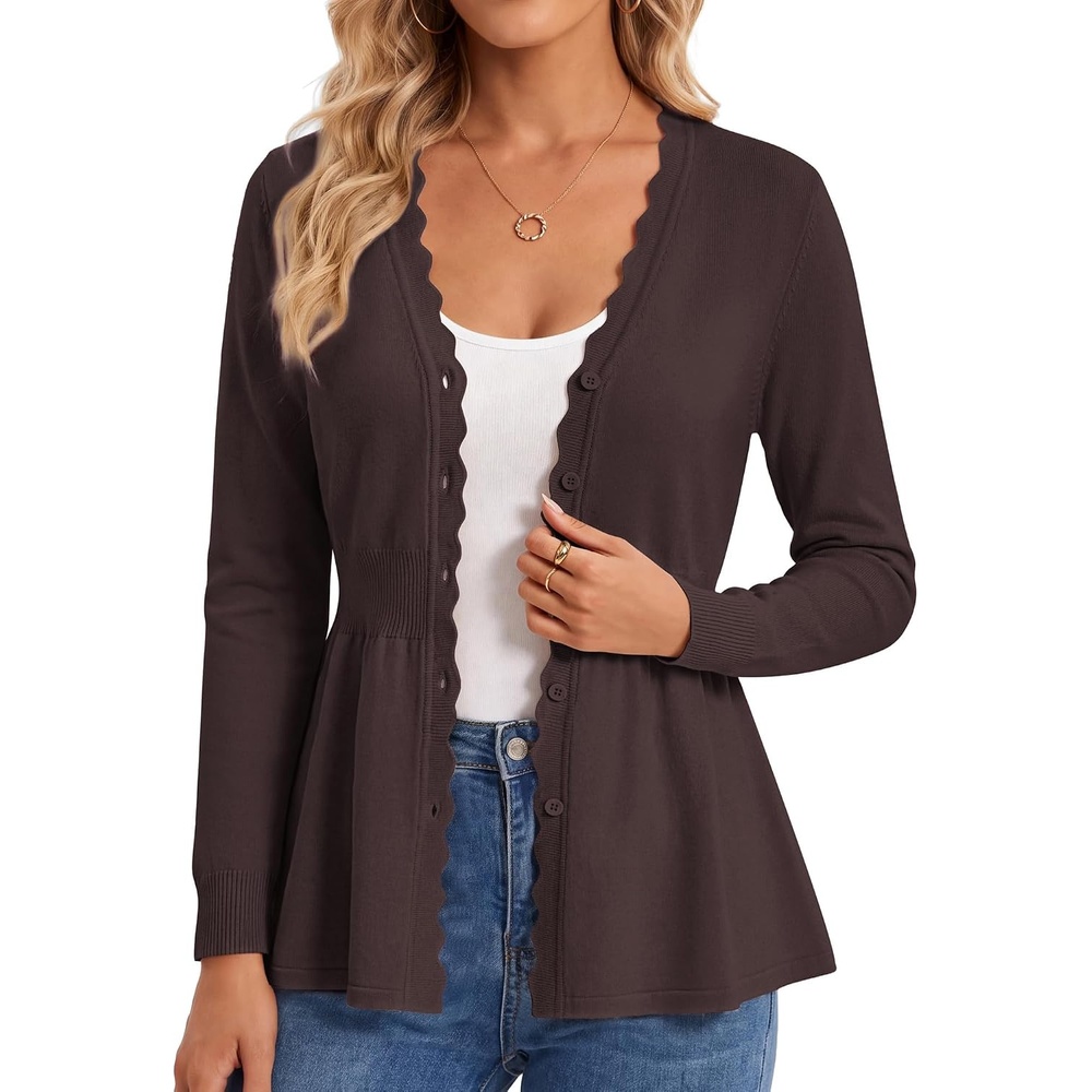 image:imageGRACE KARIN Cardigan Sweaters for Women Lightweight Long Sleeve Knit Blazer V Neck Scalloped Button Up Peplum TopsChocolate Brown