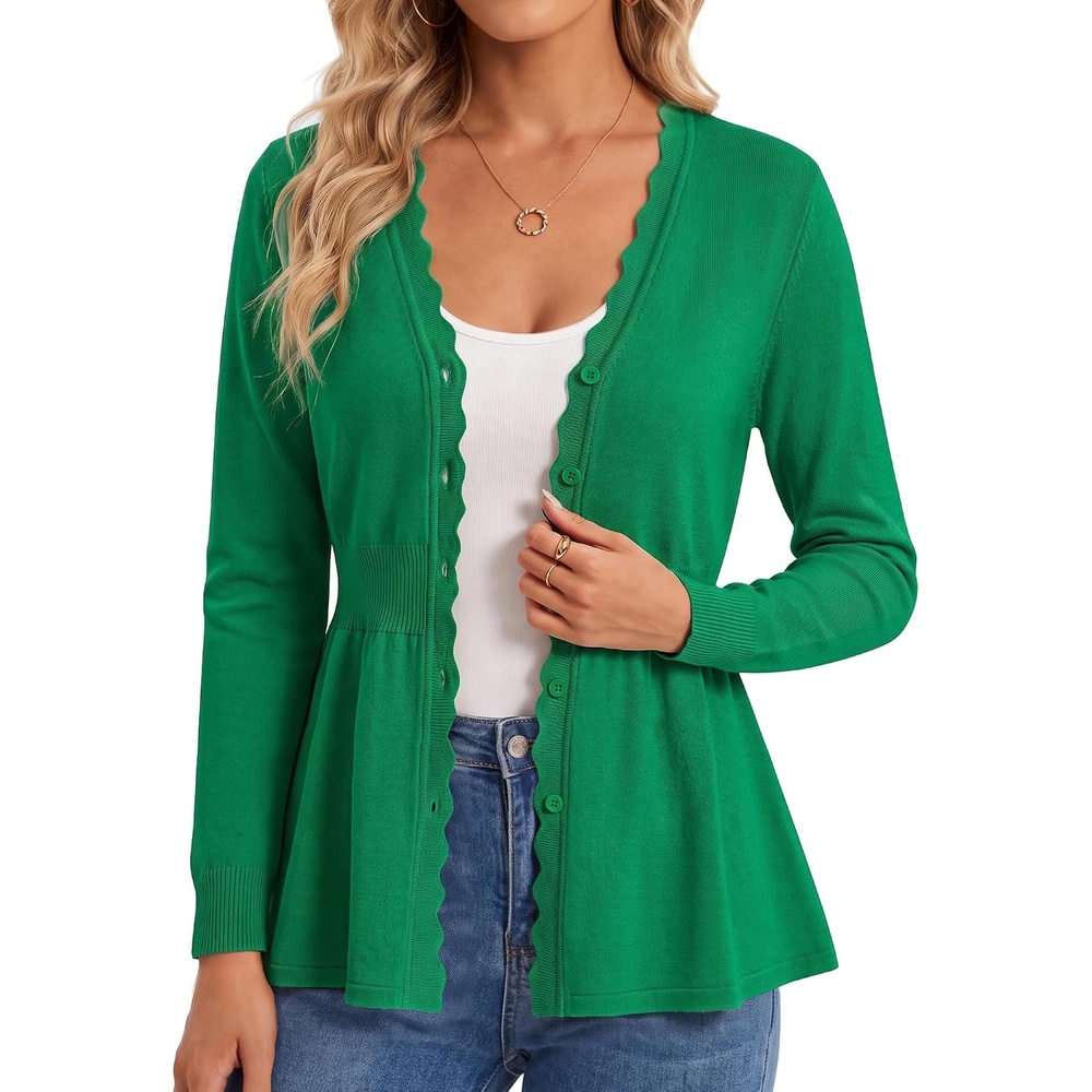 image:imageGRACE KARIN Cardigan Sweaters for Women Lightweight Long Sleeve Knit Blazer V Neck Scalloped Button Up Peplum TopsGreen