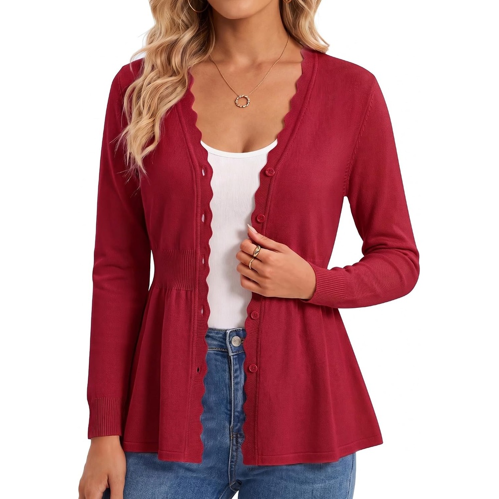 image:imageGRACE KARIN Cardigan Sweaters for Women Lightweight Long Sleeve Knit Blazer V Neck Scalloped Button Up Peplum TopsRed