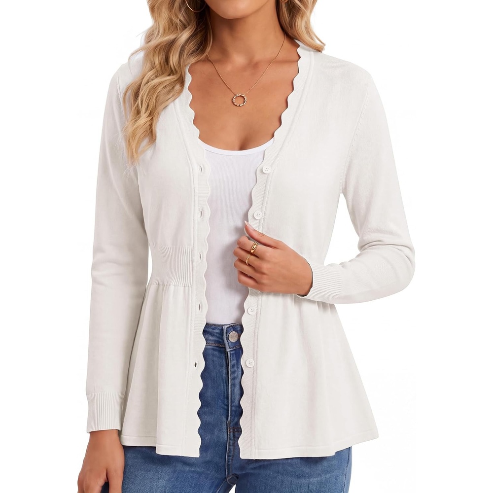 image:imageGRACE KARIN Cardigan Sweaters for Women Lightweight Long Sleeve Knit Blazer V Neck Scalloped Button Up Peplum TopsWhite