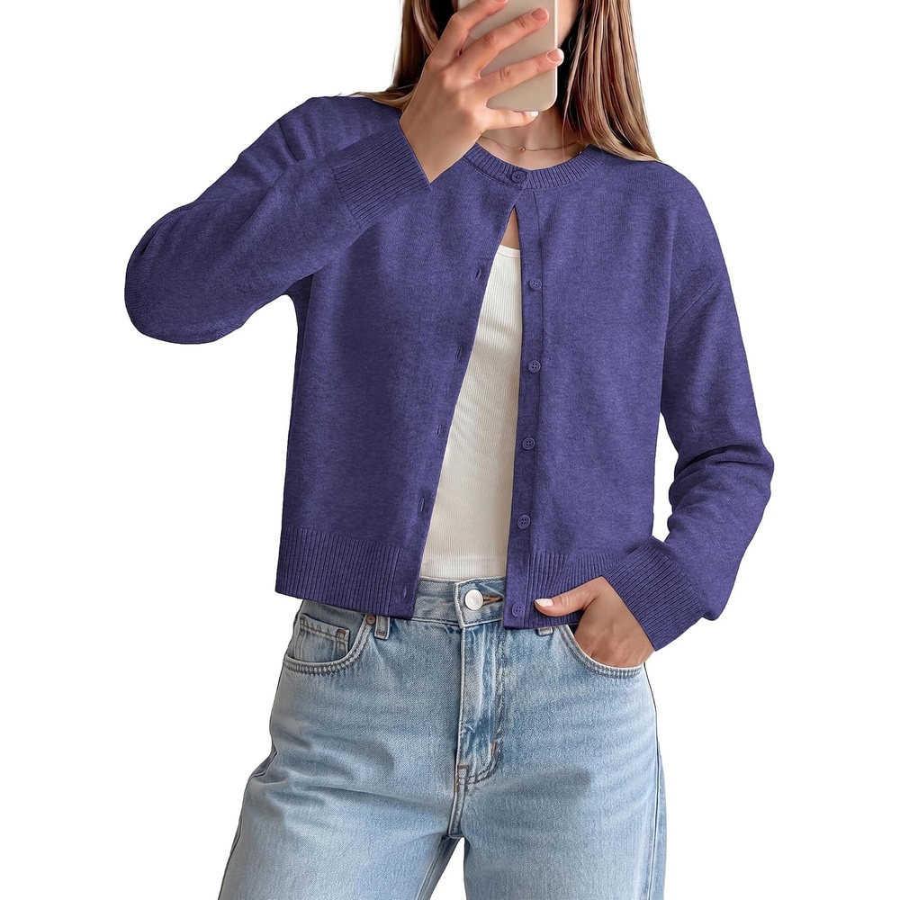 image:imageGRACE KARIN Cropped Cardigan Sweaters for Women Long Sleeve Crew Neck Open Front Jackets Y2K Fall Fashion Clothes 2026Deep Purple