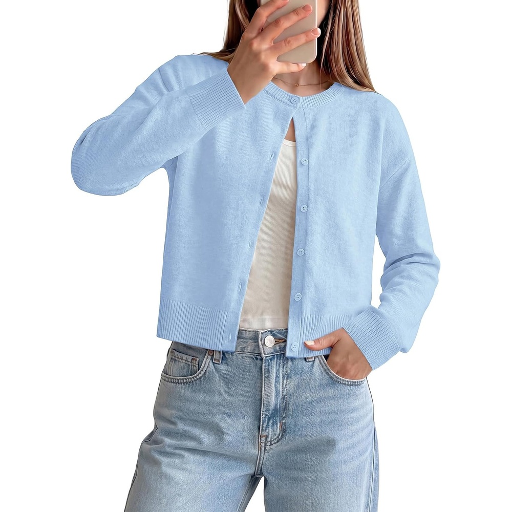 image:imageGRACE KARIN Cropped Cardigan Sweaters for Women Long Sleeve Crew Neck Open Front Jackets Y2K Fall Fashion Clothes 2026Light Blue