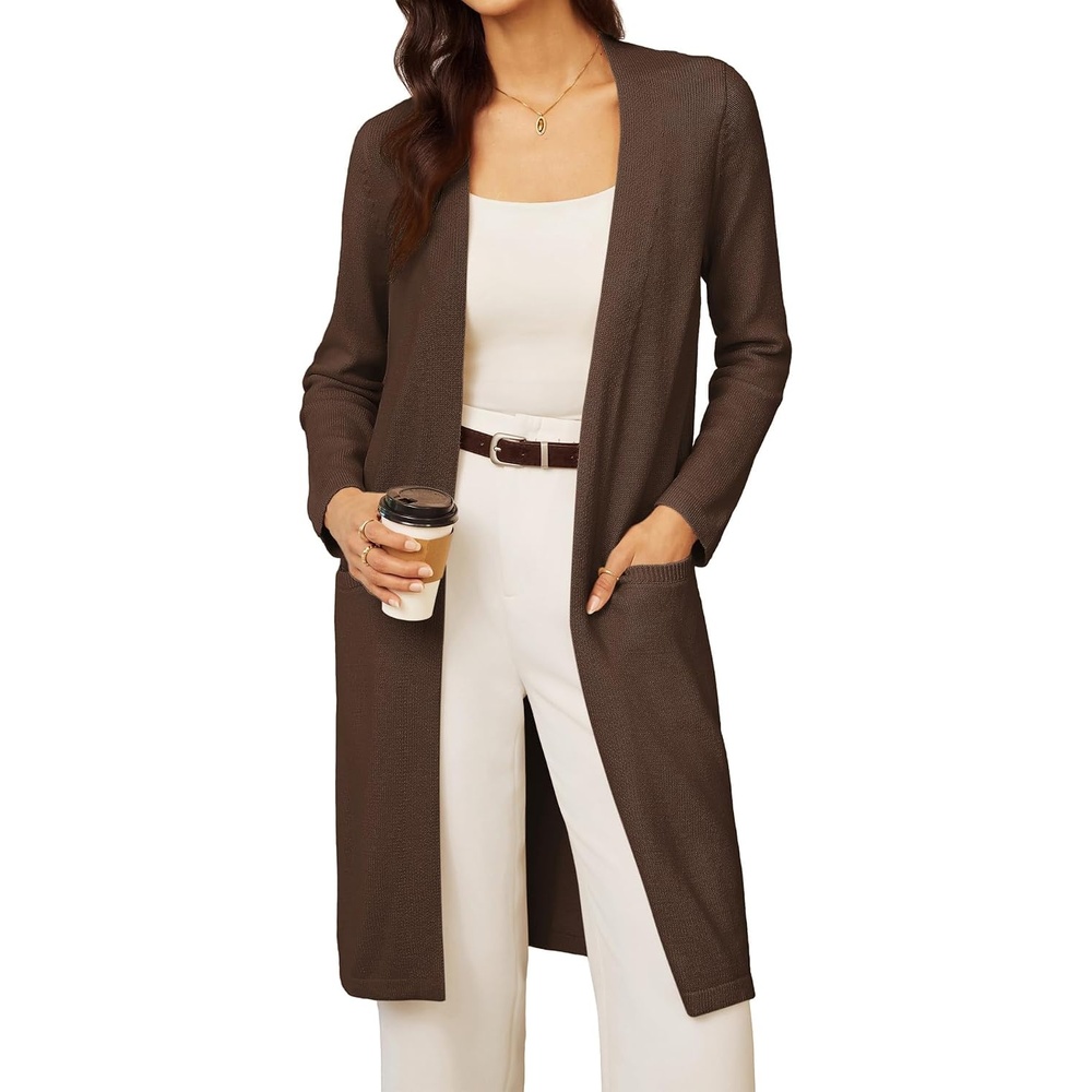 image:imageGRACE KARIN Long Cardigans for Women Open Front Knit Duster with PocketsCoffee