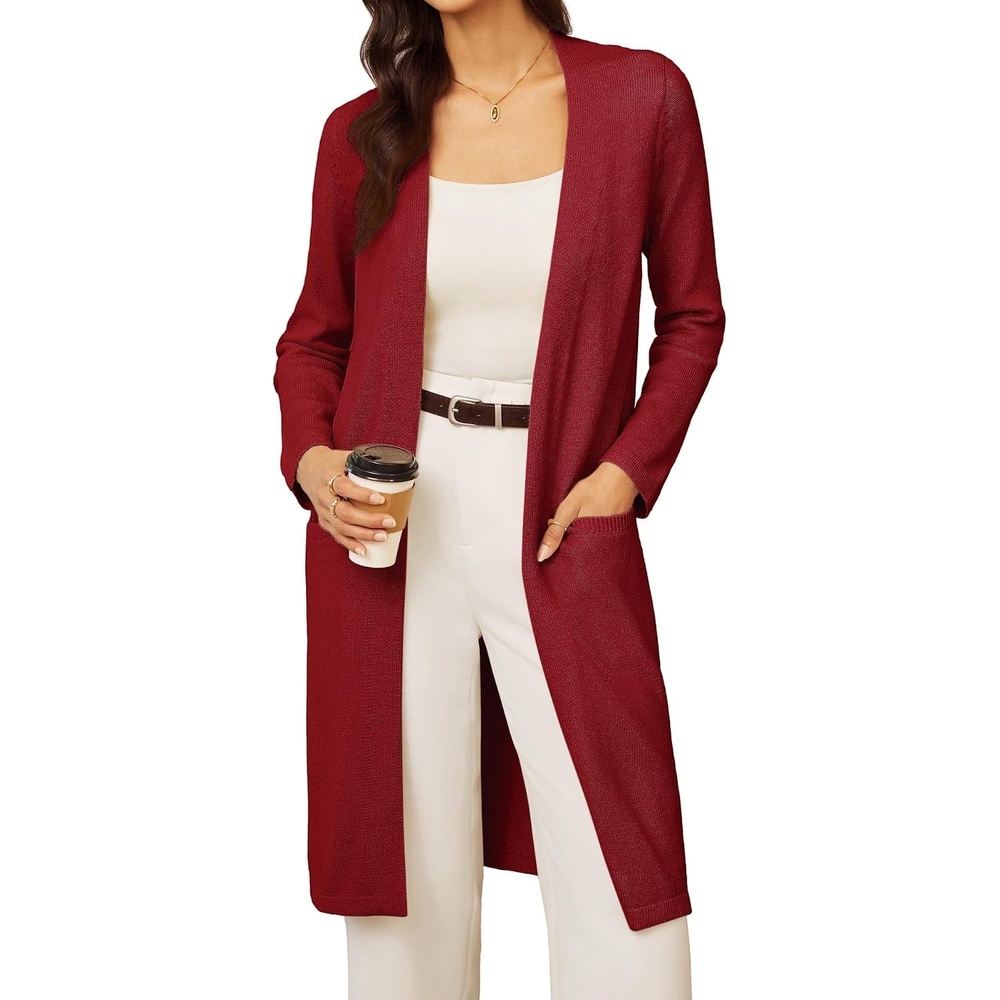 image:imageGRACE KARIN Long Cardigans for Women Open Front Knit Duster with PocketsDark Red