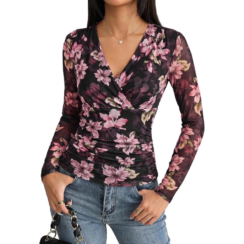 image:imageGRACE KARIN Womens Boho Mesh Tops Long Sleeve Blouses Dressy CasualBlack Pink