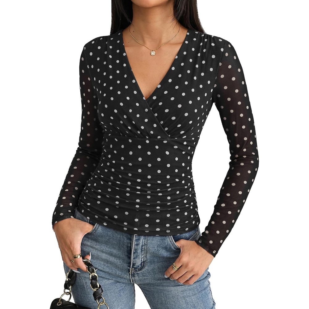image:imageGRACE KARIN Womens Boho Mesh Tops Long Sleeve Blouses Dressy CasualBlack Polka Dot