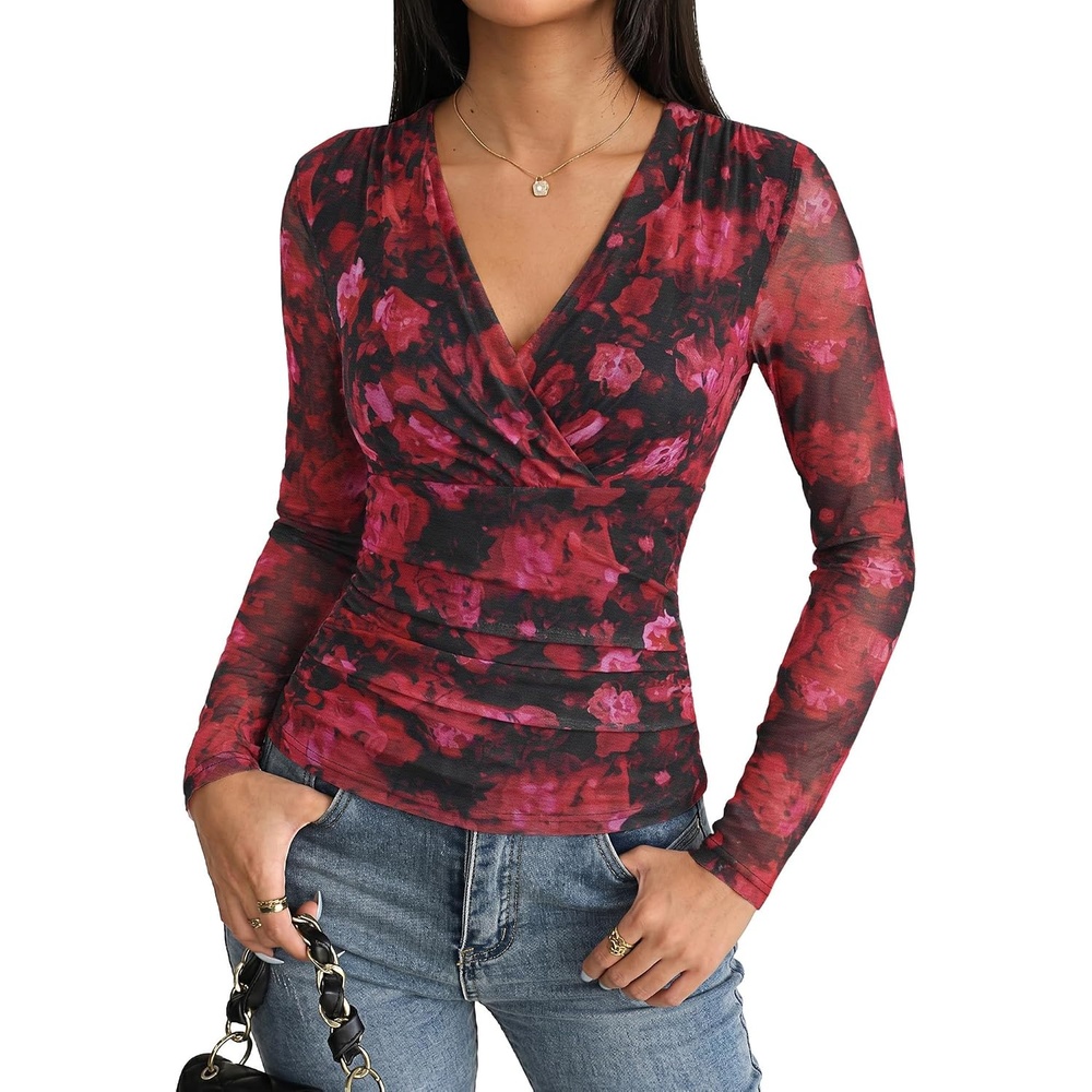 image:imageGRACE KARIN Womens Boho Mesh Tops Long Sleeve Blouses Dressy CasualBlack Red