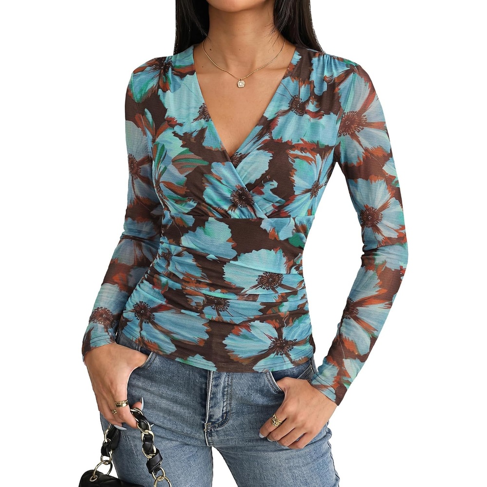 image:imageGRACE KARIN Womens Boho Mesh Tops Long Sleeve Blouses Dressy CasualBlue Brown