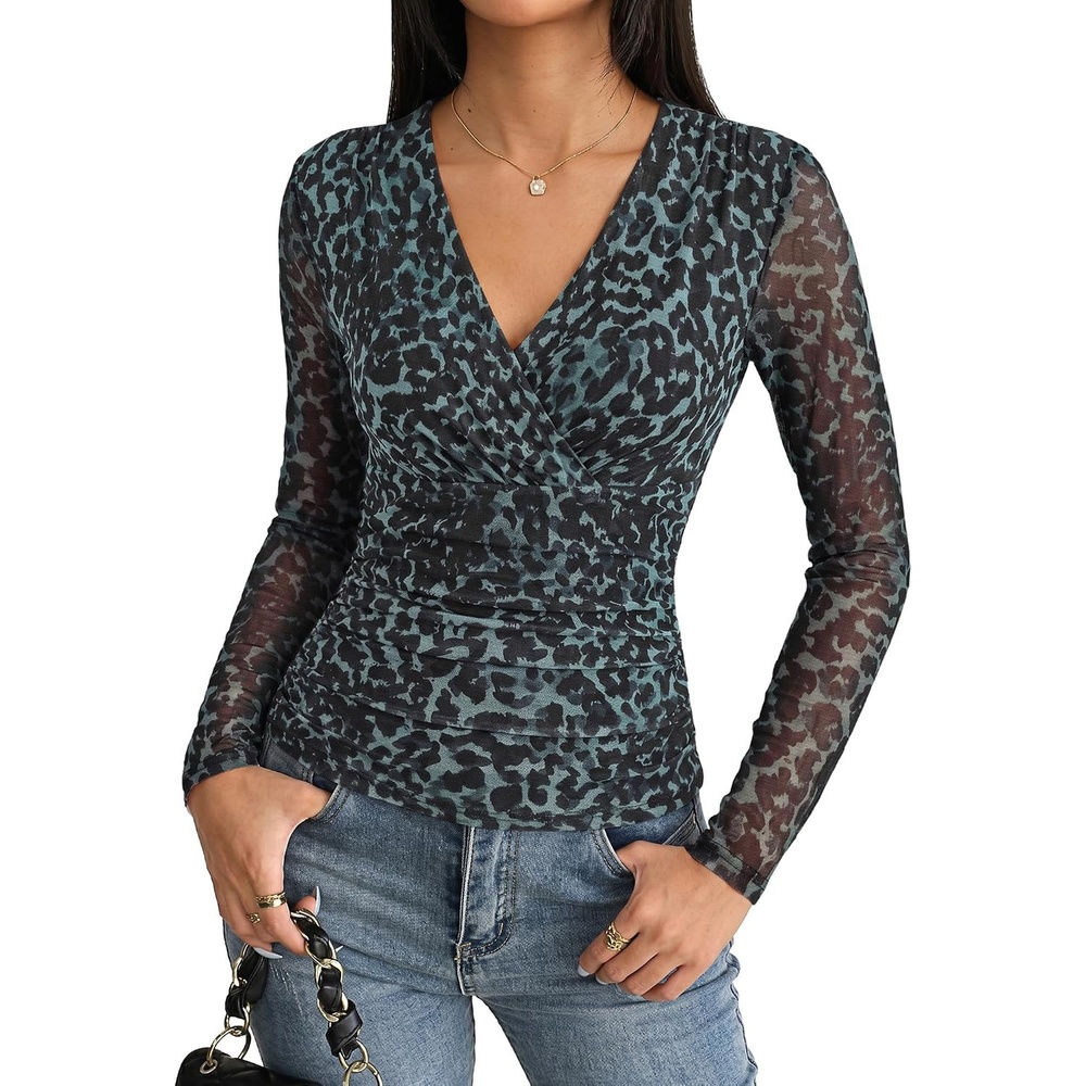image:imageGRACE KARIN Womens Boho Mesh Tops Long Sleeve Blouses Dressy CasualBlue Green Leopard