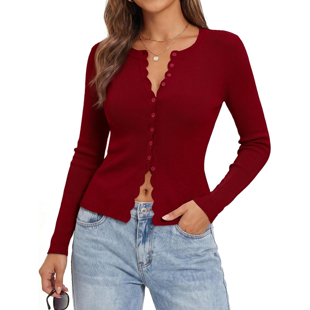 image:imageGRACE KARIN Womens Cropped Cardigan Button up Scalloped Fall Outfits 2026Red