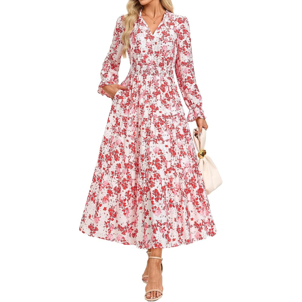 image:imageGRACE KARIN Womens Fall Midi Long Sleeve Floral Causal DressLight Pink Floral