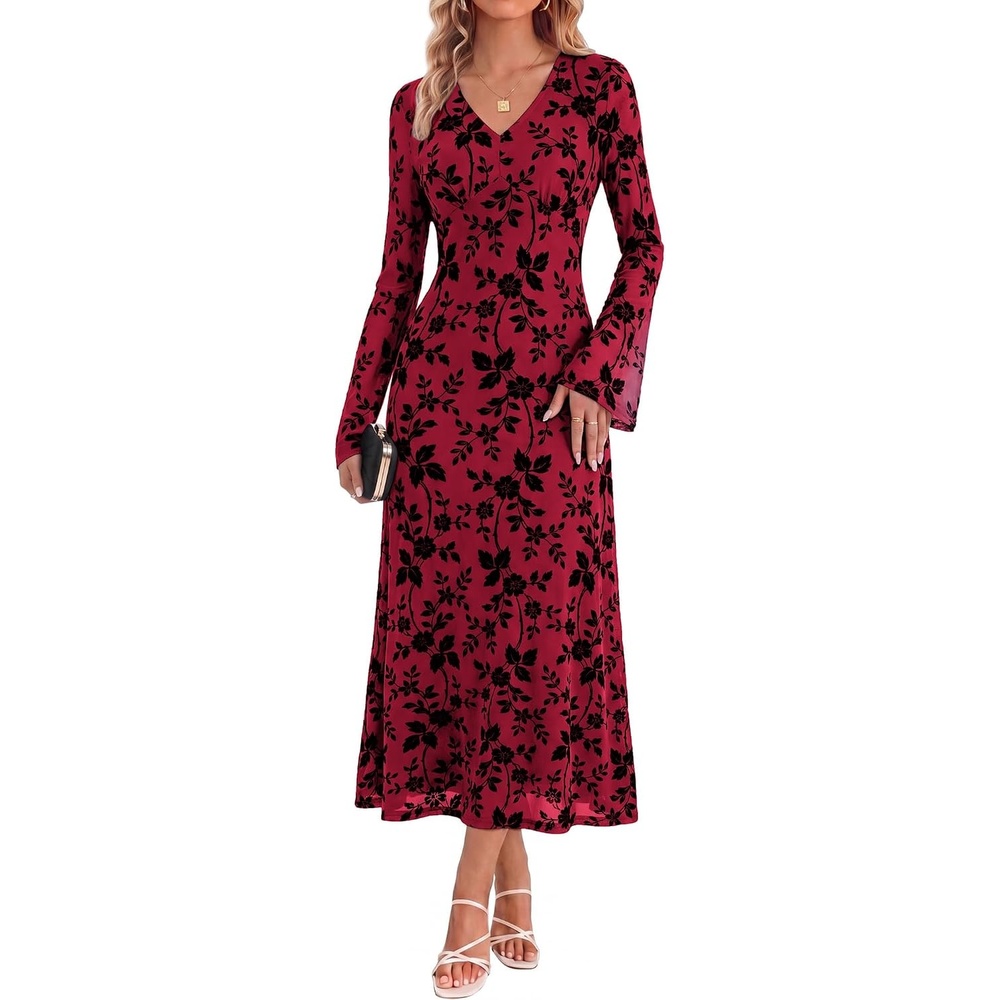 image:imageGRACE KARIN Womens Floral Long Sleeve Maxi Dresses Wedding Guest DressBright Red