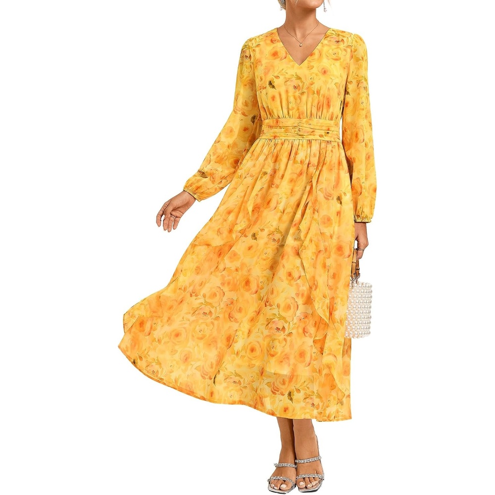 image:imageGRACE KARIN Womens Floral Long Sleeve Wedding Guest DressYellow Floral