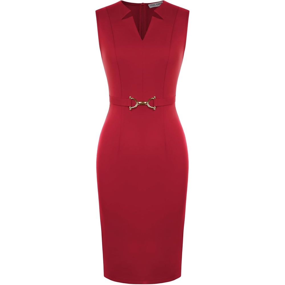 image:imageGRACE KARIN Womens Midi Work Business Formal Funeral Dresses 2026Red