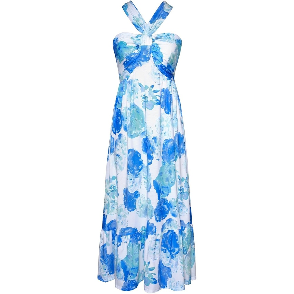 image:imageGRACE KARIN Womens Summer Floral Halter Boho Maxi DressesWhite Blue Flowers