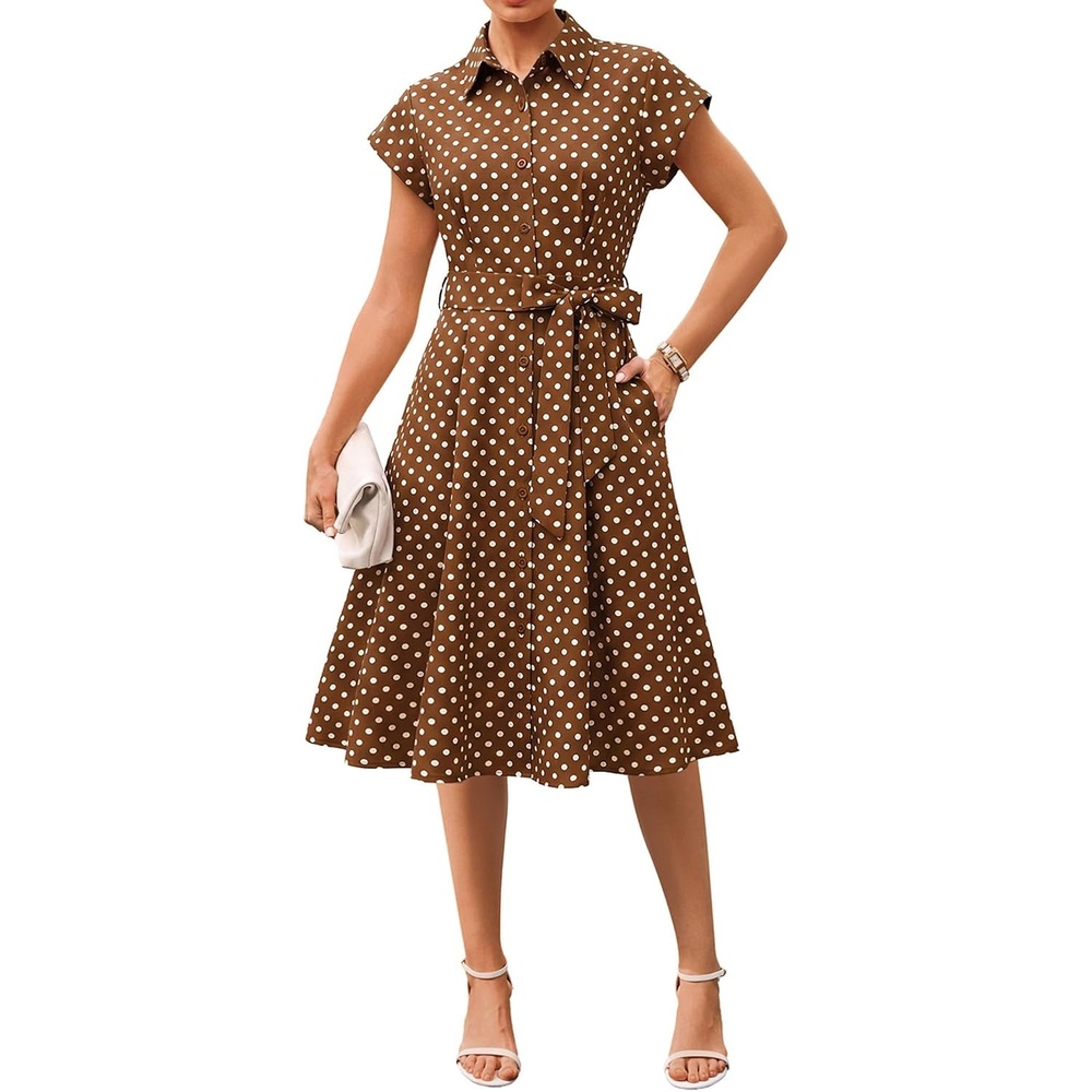image:imageGRACE KARIN Womens Summer Work Business Casual Midi Shirt DressesBrown White Polka Dots