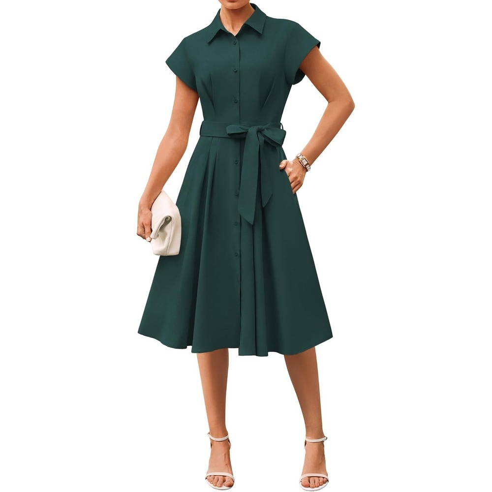 image:imageGRACE KARIN Womens Summer Work Business Casual Midi Shirt DressesDark Green