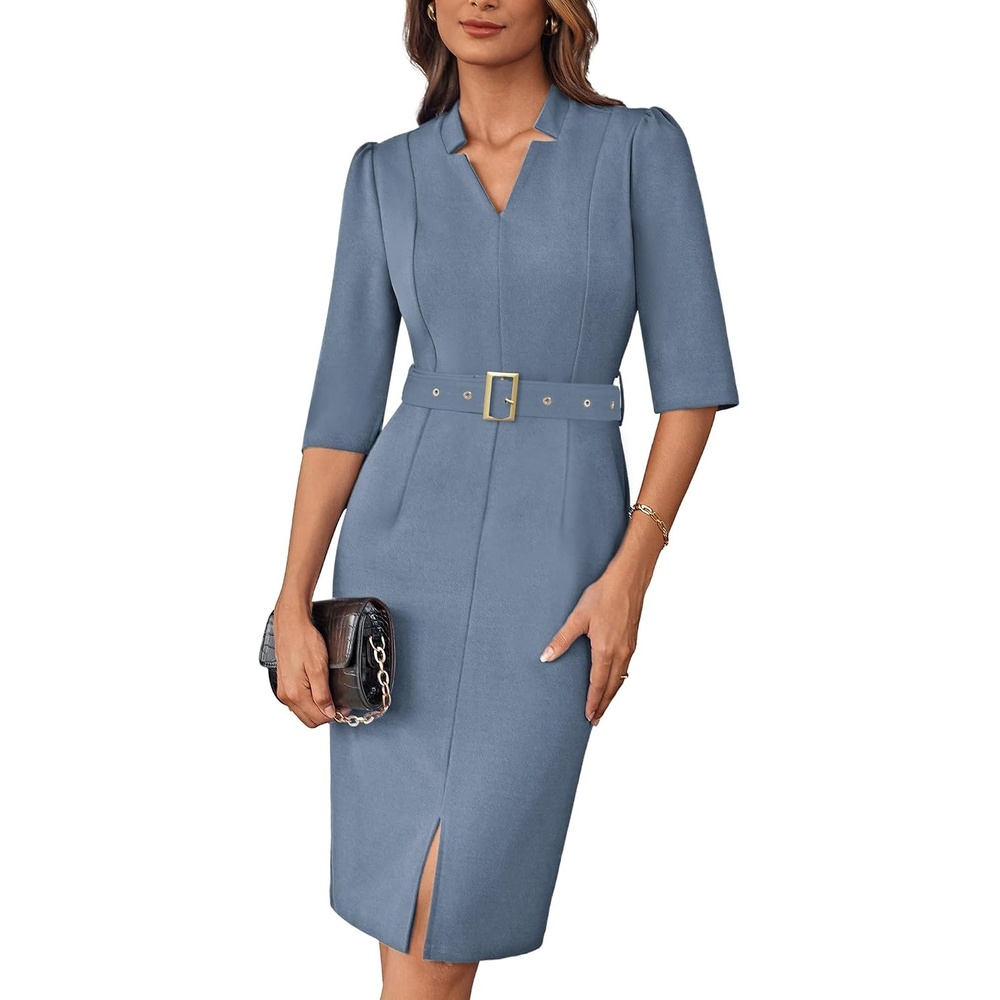 image:imageGRACE KARIN Womens Work Dress 34 Sleeve V Neck Bodycon Dress with BeltDusty Blue