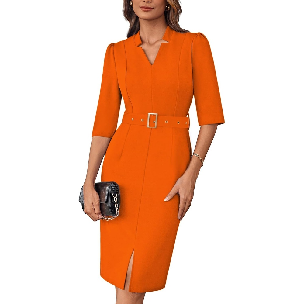 image:imageGRACE KARIN Womens Work Dress 34 Sleeve V Neck Bodycon Dress with BeltOrange
